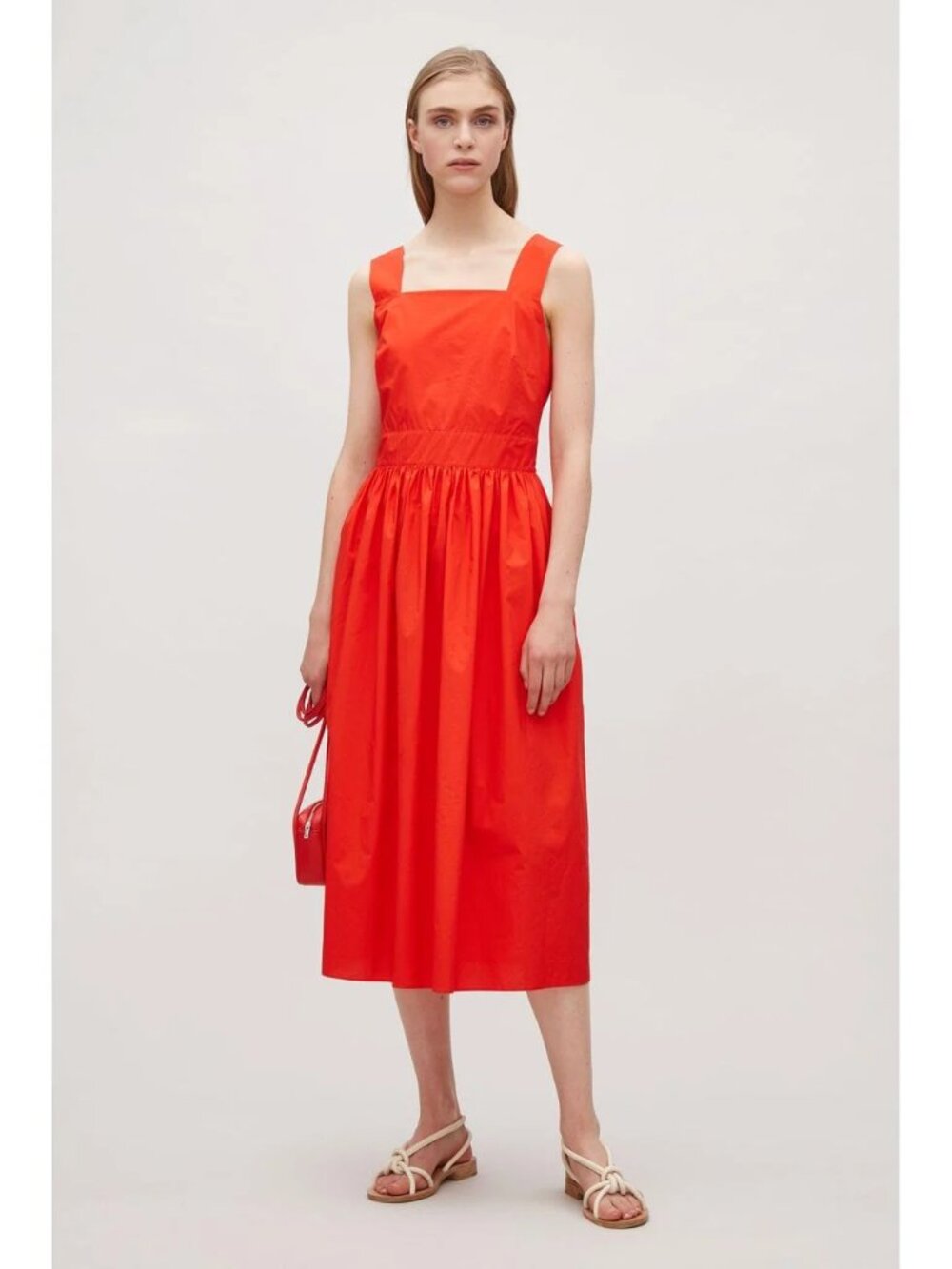COS Red Shoulder Strap Midi Dress Cotton Pockets US 2 EUR 34